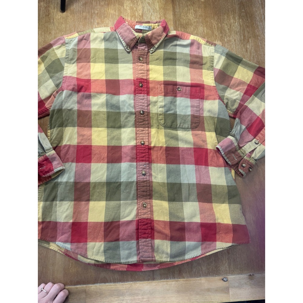 Orvis Sporting Traditions Mens Large Plaid Flannel Shirt Red Yellow Olive Cotton